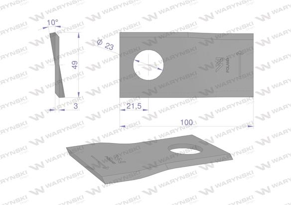 Nóż. nożyk kosiarka lewy 100x48x3mm otwór 23 zastosowanie T683L Mortl WARYŃSKI ( sprzedawane po 25 )