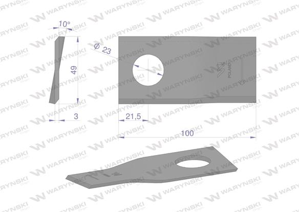 Nóż. nożyk kosiarka prawy 100x48x3mm otwór 23 zastosowanie T683R Mortl WARYŃSKI ( sprzedawane po 25 )