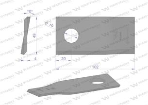 Nóż. nożyk kosiarka prawy 102x48x4mm otwór 19 zastosowanie 140692 Fella WARYŃSKI ( sprzedawane po 25 )