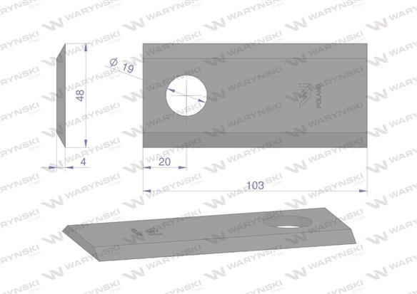 Nóż, nożyk kosiarka 103X48X4mm otwór 19 zastosowanie 122331 Fella WARYŃSKI ( sprzedawane po 25 )