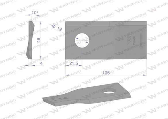 Nóż. nożyk kosiarka prawy 105x48x4mm otwór 19 zastosowanie 9492422 Claas WARYŃSKI ( sprzedawane po 25 )
