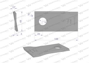 Nóż. nożyk kosiarka lewy 106x48x4mm otwór 19 zastosowanie 570445 Niemeyer WARYŃSKI ( sprzedawane po 25 )