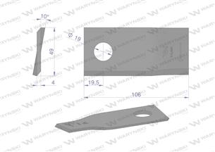 Nóż. nożyk kosiarka prawy 106x48x4mm otwór 19 zastosowanie 153967103 SIP WARYŃSKI ( sprzedawane po 25 )