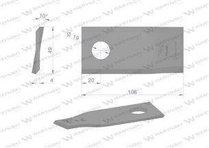 Nóż. nożyk kosiarka prawy 106x48x4mm otwór 19 zastosowanie 570444 Niemeyer WARYŃSKI ( sprzedawane po 25 )