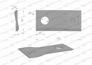 Nóż. nożyk kosiarka lewy 107x50x4mm otwór 19 zastosowanie 570683 Niemeyerl WARYŃSKI ( sprzedawane po 25 )