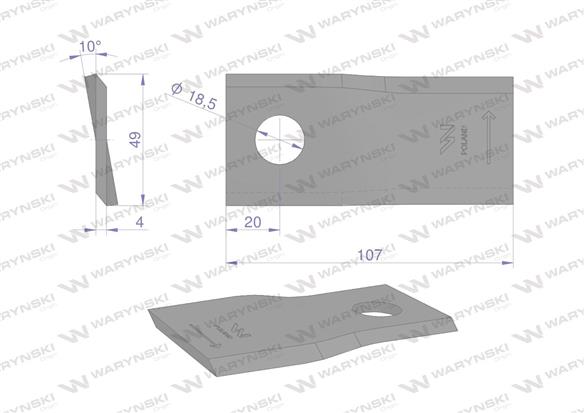 Nóż. nożyk kosiarka lewy 107x48x4mm otwór 18.5 zastosowanie 90261559 99361559 Vicon WARYŃSKI ( sprzedawane po 25 )