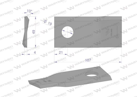 Nóż. nożyk kosiarka prawy 107x50x4mm otwór 19 zastosowanie 570684 Niemeyerl WARYŃSKI ( sprzedawane po 25 )