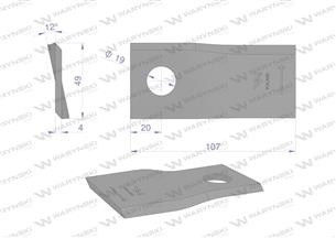 Nóż. nożyk kosiarka lewy 107x50x4mm otwór 19 zastosowanie 13800031 JF-Stoll WARYŃSKI ( sprzedawane po 25 )