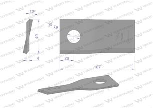Nóż. nożyk kosiarka prawy 107x50x4mm otwór 19 zastosowanie 13800032 JF-Stoll WARYŃSKI ( sprzedawane po 25 )