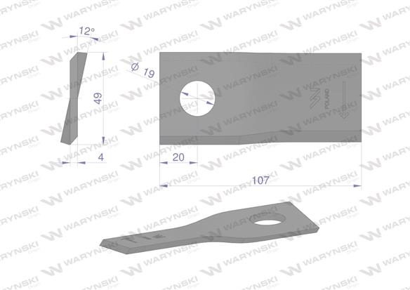 Nóż. nożyk kosiarka prawy 107x50x4mm otwór 19 zastosowanie 13800032 JF-Stoll WARYŃSKI ( sprzedawane po 25 )
