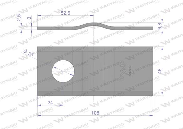 Nóż. nożyk kosiarka gięty 108x46x3mm otwór 21 zastosowanie CM120-108 PZ WARYŃSKI ( sprzedawane po 25 )