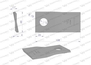 Nóż. nożyk kosiarka lewy 108x47x4mm otwór 19 zastosowanie 1434985 Pottinger WARYŃSKI ( sprzedawane po 25 )