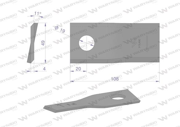 Nóż. nożyk kosiarka prawy 108x47x4mm otwór 19 zastosowanie 1434986 Pottinger WARYŃSKI ( sprzedawane po 25 )