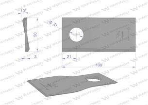 Nóż. nożyk kosiarka lewy 108X50X3mm otwór 21 zastosowanie RF 108/3 Famarol WARYŃSKI ( sprzedawane po 25 )