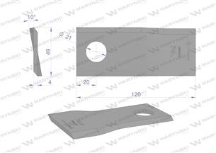 Nóż. nożyk kosiarka lewy 120x49x4mm otwór 21 zastosowanie 434975 Pottinger WARYŃSKI ( sprzedawane po 25 )