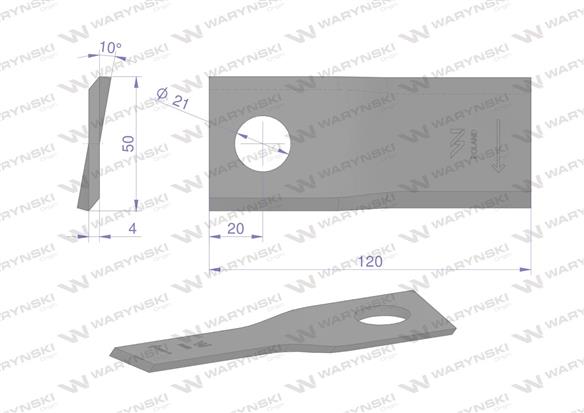 Nóż. nożyk kosiarka prawy 120X50X4mm otwór 21 zastosowanie RF 120/4 Pronar WARYŃSKI ( sprzedawane po 25 )