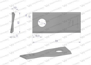 Nóż. nożyk kosiarka prawy 94X40X3mm otwór 16 zastosowanie RF 94 Famarol WARYŃSKI ( sprzedawane po 25 )