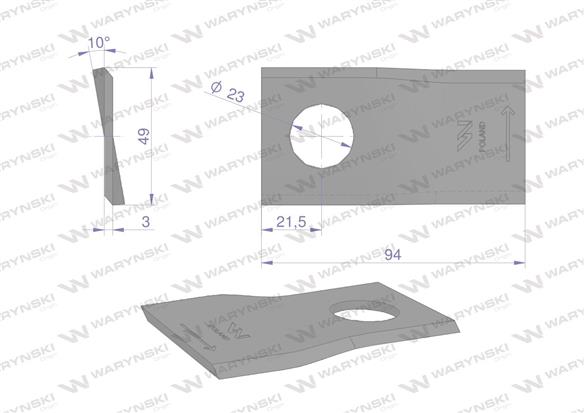 Nóż. nożyk kosiarka lewy 94x48x3mm otwór 19 zastosowanie 570409 Niemeyer Kverneland WARYŃSKI ( sprzedawane po 25 )