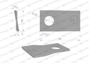 Nóż. nożyk kosiarka lewy 94x48x3mm otwór 23 zastosowanie T673L Mortl WARYŃSKI ( sprzedawane po 25 )