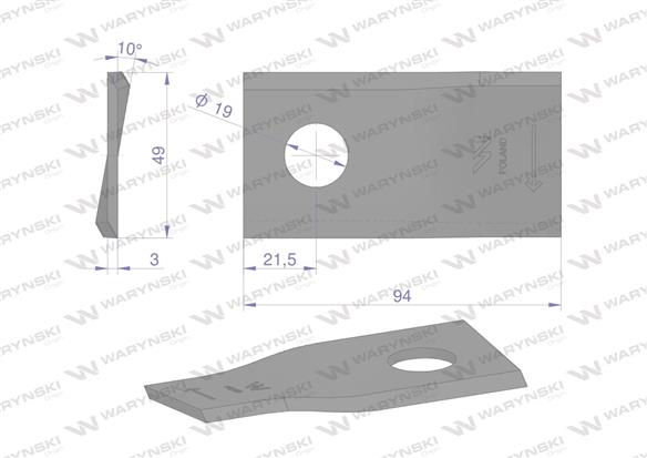 Nóż. nożyk kosiarka prawy 94x48x3mm otwór 19 zastosowanie 570410 Niemeyer Kverneland WARYŃSKI ( sprzedawane po 25 )