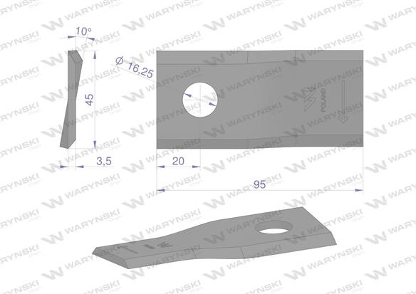 Nóż. nożyk kosiarka prawy 95x45x3.5mm otwór 16.25 zastosowanie CC20501 New Holland WARYŃSKI ( sprzedawane po 25 )
