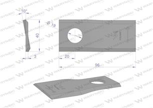 Nóż. nożyk kosiarka lewy 96x40x3mm otwór 19 zastosowanie 16502727 Deutz Fahr Kverneland WARYŃSKI ( sprzedawane po 25 )