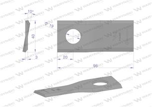 Nóż. nożyk kosiarka prawy 96x40x3mm otwór 19 zastosowanie 16502726 Deutz Fahr Kverneland WARYŃSKI ( sprzedawane po 25 )