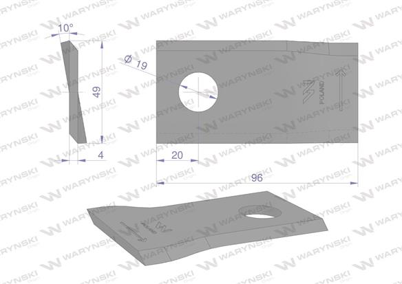 Nóż. nożyk kosiarka lewy 96x48x4mm otwór 19 zastosowanie 16503465 Deutz-Fahr WARYŃSKI ( sprzedawane po 25 )