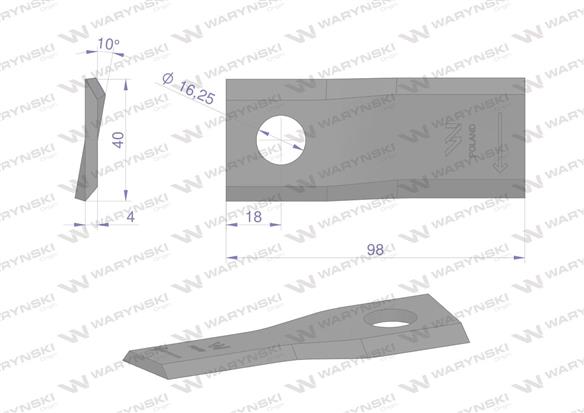 Nóż. nożyk kosiarka prawy 98x40x4mm otwór 16.2 zastosowanie DM-305 Claas WARYŃSKI ( sprzedawane po 25 )