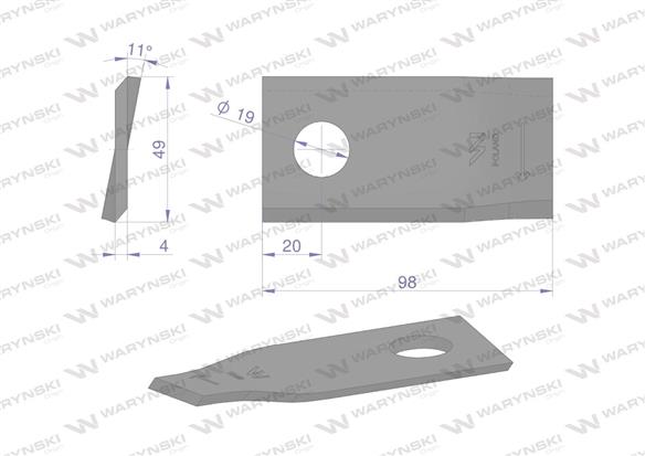 Nóż. nożyk kosiarka prawy 98x48x4mm otwór 19 zastosowanie 121713 Fella WARYŃSKI ( sprzedawane po 25 )