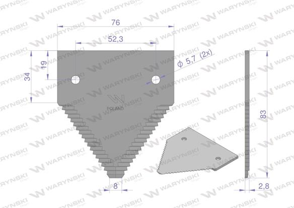 Nóż żniwny 83x76x2.7mm otwór 5.5 zastosowanie 80309197 New Holland WARYŃSKI ( sprzedawane po 25 )