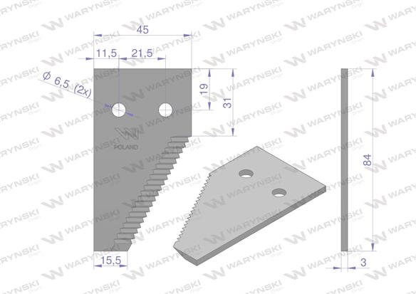 Nóż żniwny końcowy 84x45x3mm otwór 6.5 19 zębów zastosowanie 6112041 6112031 Claas WARYŃSKI ( sprzedawane po 25 )