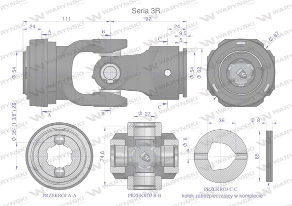 Przegub kompletny z krzyżakiem 27X74.6 seria 3 do rury wewnętrznej 36mm Waryński