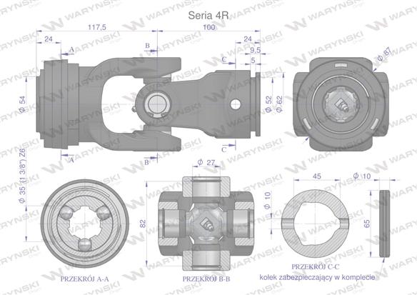 Przegub kompletny z krzyżakiem 27X82 seria 4 do rury wewnętrznej 45mm Waryński