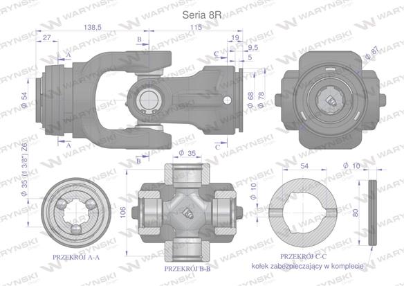 Przegub kompletny z krzyżakiem 35X106 seria 8 do rury wewnętrznej 54mm Waryński