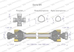 Wał przegubowo-teleskopowy 1290-1990mm 1890Nm Z6 - 1 3/4 CE 2020 seria 9R Waryński