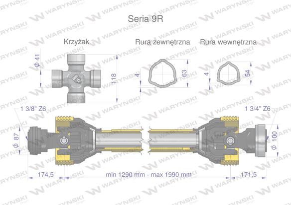 Wał przegubowo-teleskopowy 1290-1990mm 1890Nm Z6 - 1 3/4 CE 2020 seria 9R Waryński