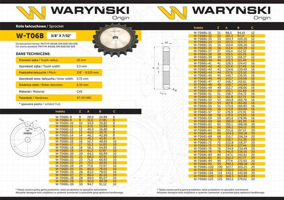 Koło zębate hartowane tarcza 06B-1 (R1 3/8) Z-20 Waryński